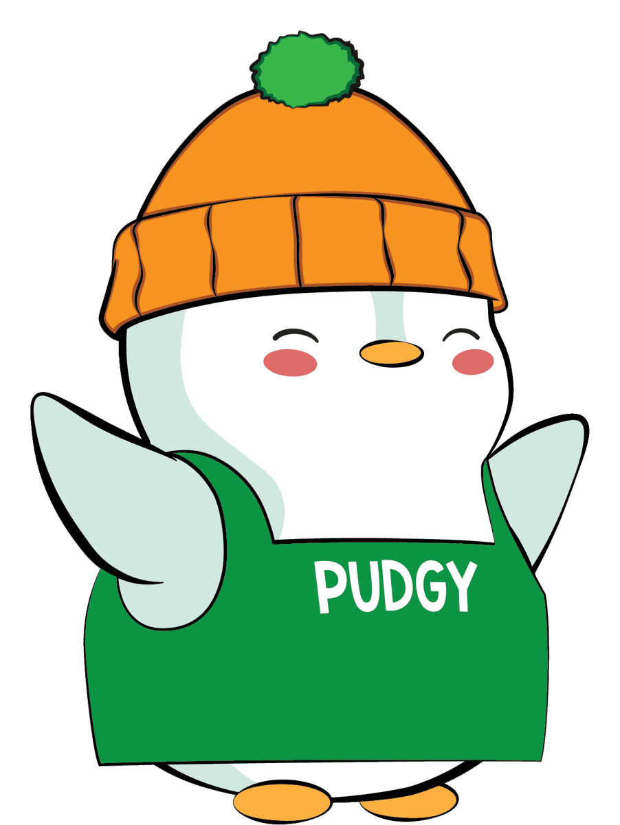 Lil Pudgy #17125 — a penguin in an orange beanie and green PUDGY apron, arms raised in celebration