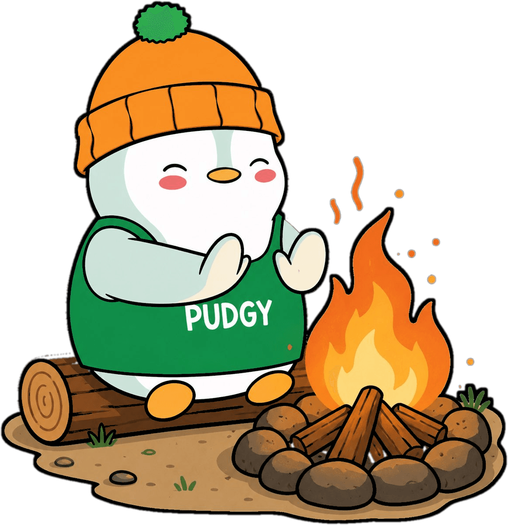 Lil Pudgy the penguin sitting on a log, warming its flippers by a cozy campfire