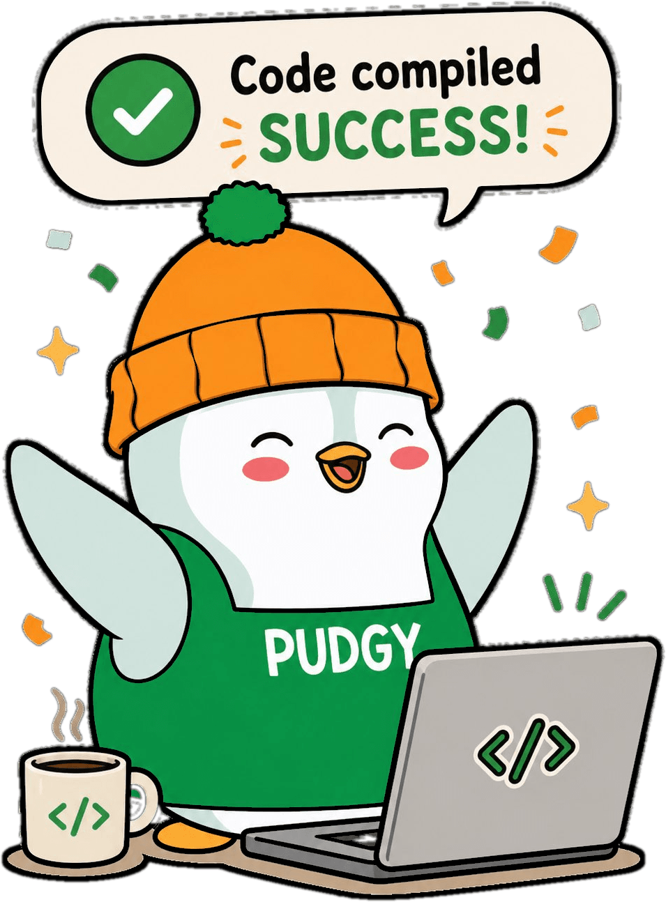 Lil Pudgy the penguin celebrating at its laptop with confetti and a speech bubble reading 'Code compiled — SUCCESS!'